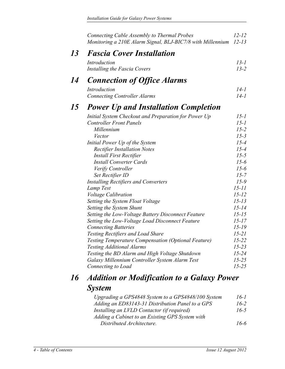 13 fascia cover installation, 14 connection of office alarms, 15 power up and installation completion | GE Industrial Solutions Galaxy Power Systems User Manual | Page 8 / 220