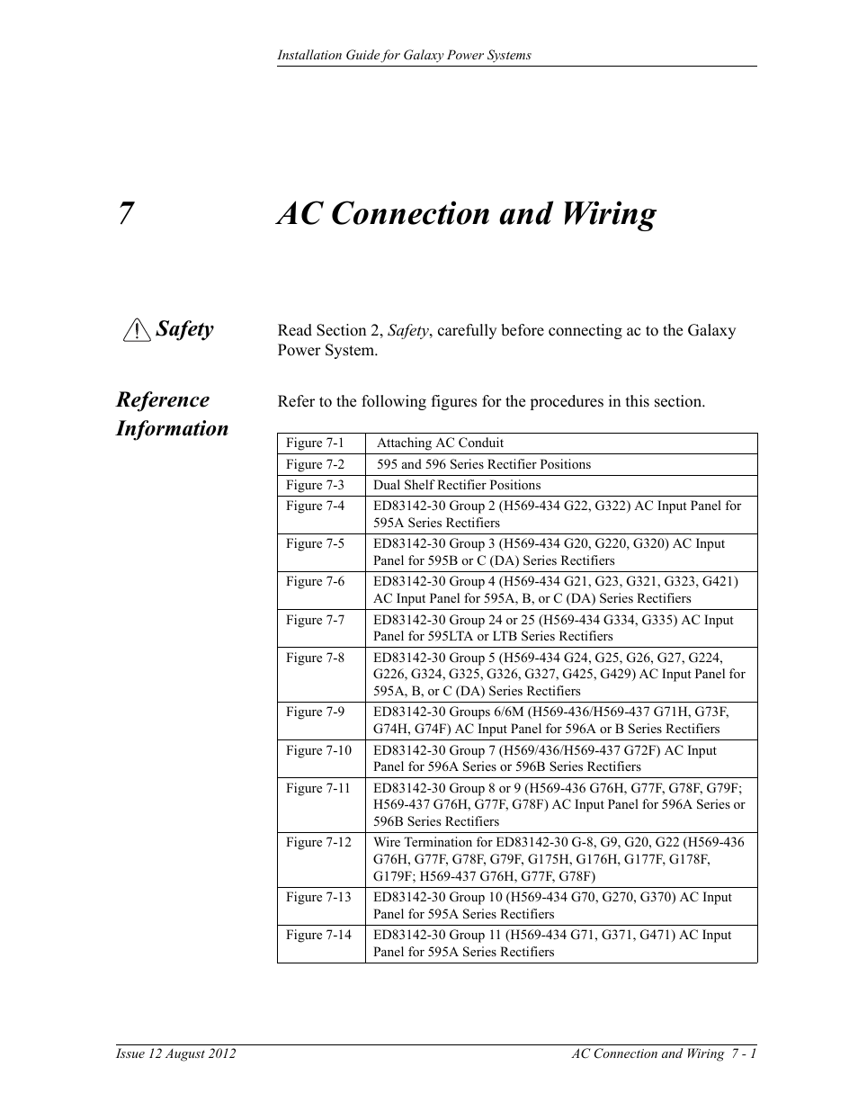 Ac connection and wiring, 7 ac connection and wiring, Safety 7-1 reference information | 7ac connection and wiring, Safety, Reference information | GE Industrial Solutions Galaxy Power Systems User Manual | Page 85 / 220