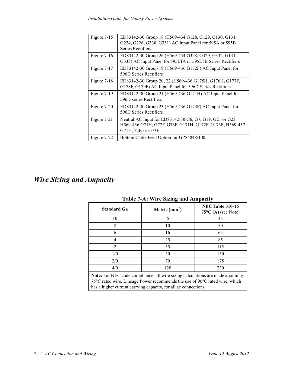 Wire sizing and ampacity, Table 7-a: wire sizing and ampacity | GE Industrial Solutions Galaxy Power Systems User Manual | Page 86 / 220