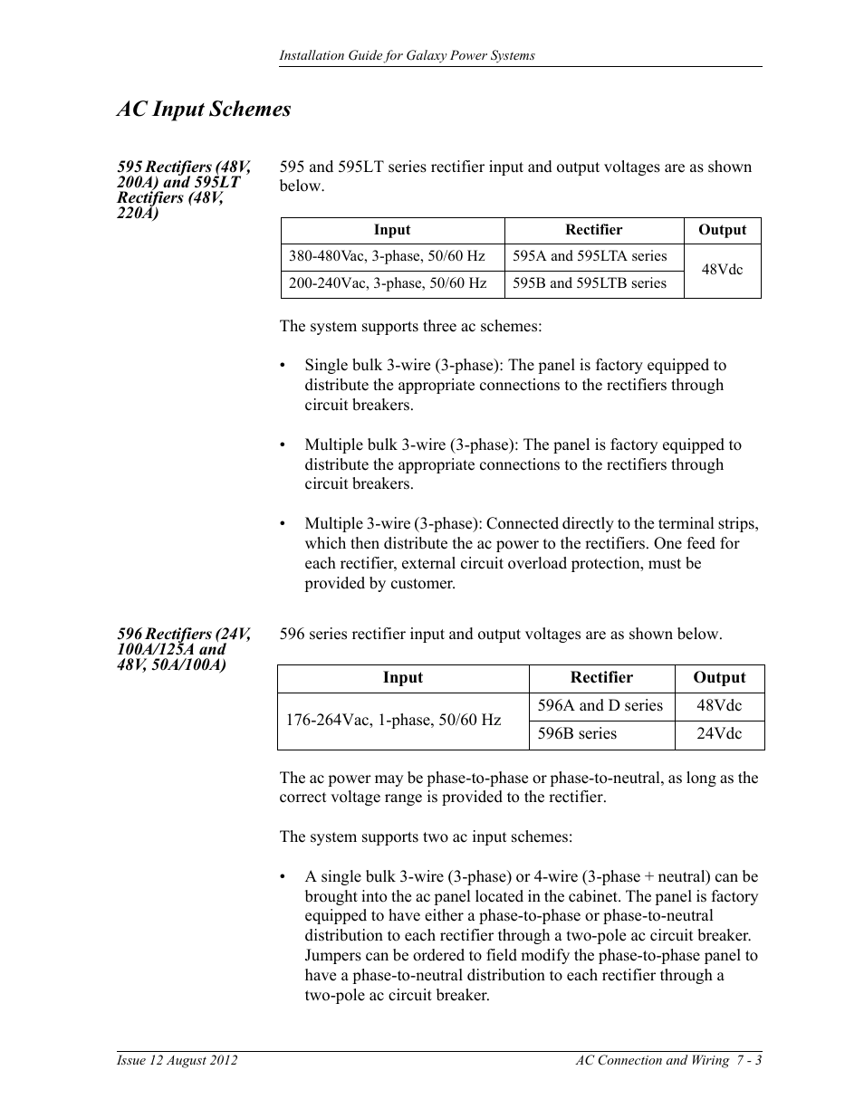 Ac input schemes, 596 rectifiers (24v, 100a/125a and 48v, 50a/100a) | GE Industrial Solutions Galaxy Power Systems User Manual | Page 87 / 220