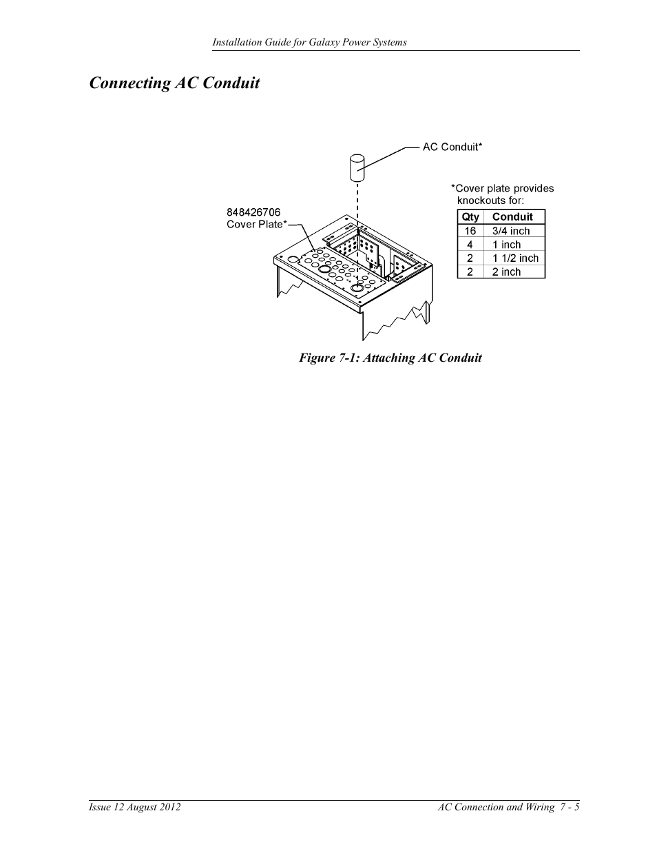 Figure 7-1: attaching ac conduit, Connecting ac conduit | GE Industrial Solutions Galaxy Power Systems User Manual | Page 89 / 220