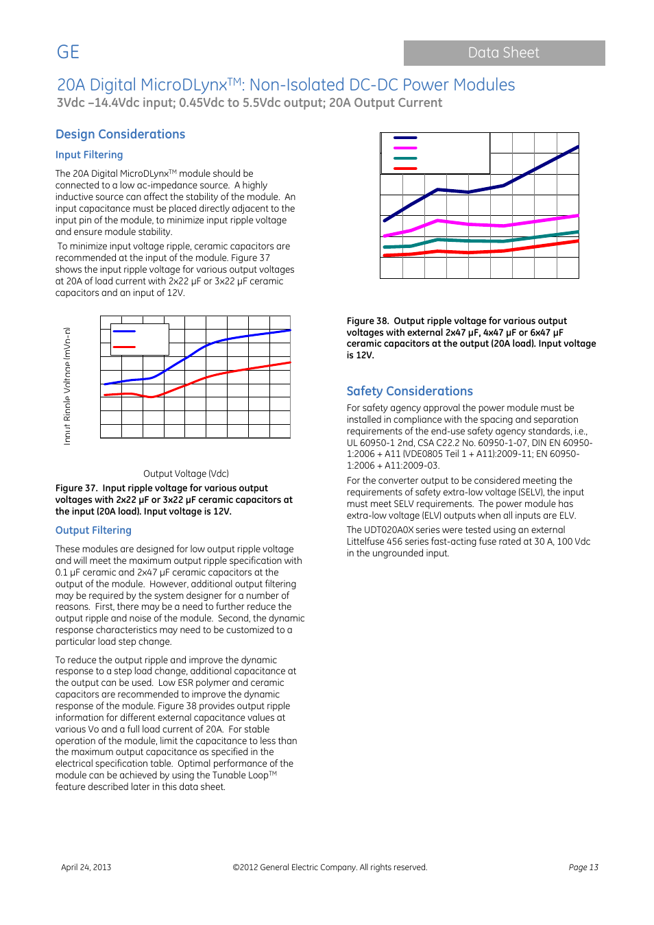 20a digital microdlynx, Non-isolated dc-dc power modules, Data sheet | Design considerations, Safety considerations | GE Industrial Solutions 20A Digital MicroDLynx User Manual | Page 13 / 40