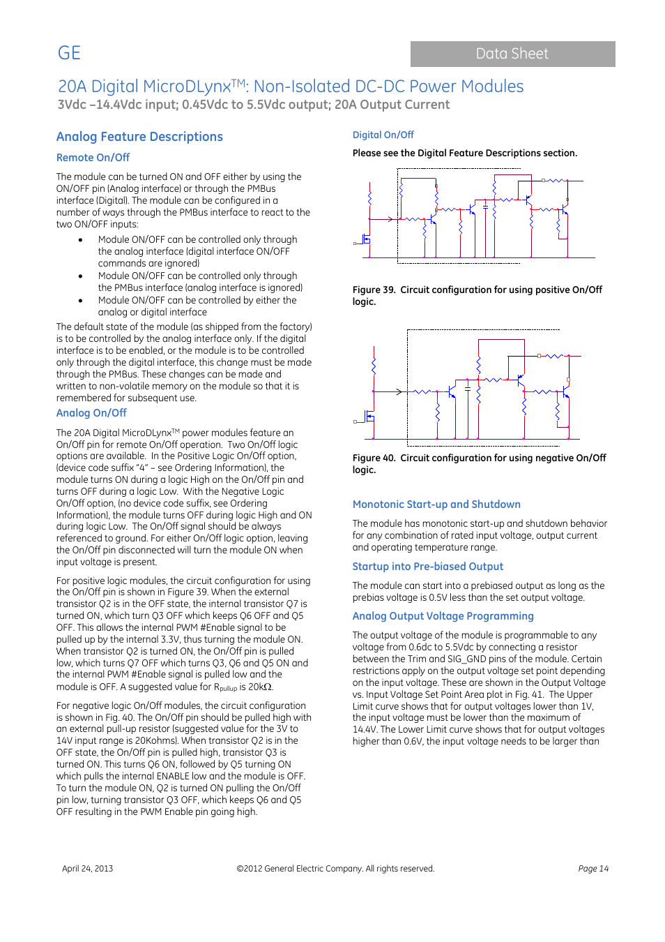 20a digital microdlynx, Non-isolated dc-dc power modules, Data sheet | Analog feature descriptions, Remote on/off, Analog on/off, Monotonic start-up and shutdown, Startup into pre-biased output, Analog output voltage programming | GE Industrial Solutions 20A Digital MicroDLynx User Manual | Page 14 / 40