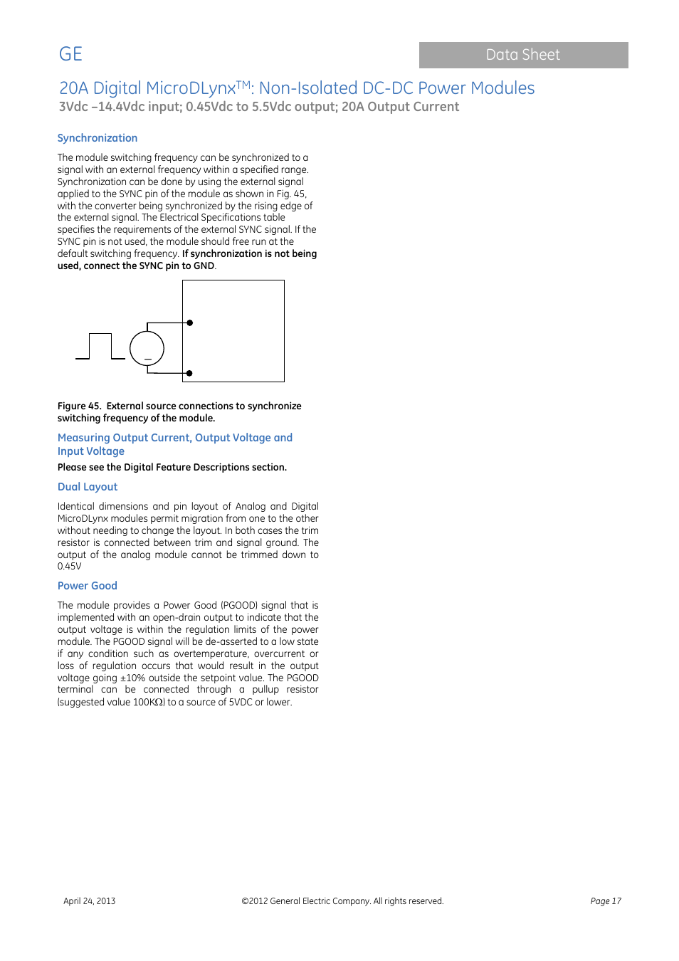 20a digital microdlynx, Non-isolated dc-dc power modules, Data sheet | GE Industrial Solutions 20A Digital MicroDLynx User Manual | Page 17 / 40