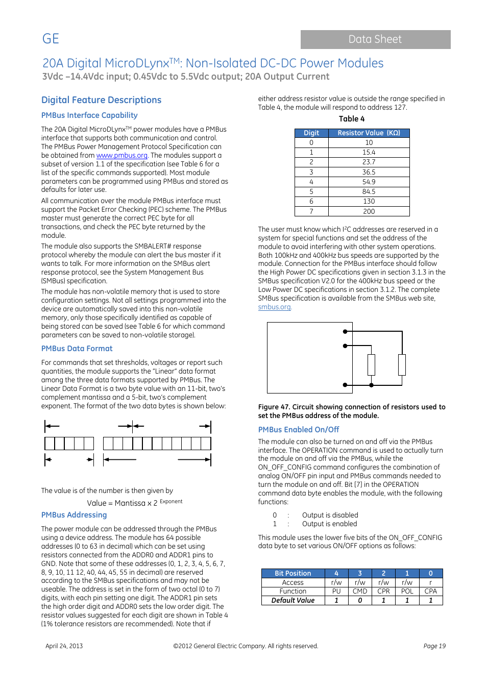 20a digital microdlynx, Non-isolated dc-dc power modules, Data sheet | Digital feature descriptions | GE Industrial Solutions 20A Digital MicroDLynx User Manual | Page 19 / 40