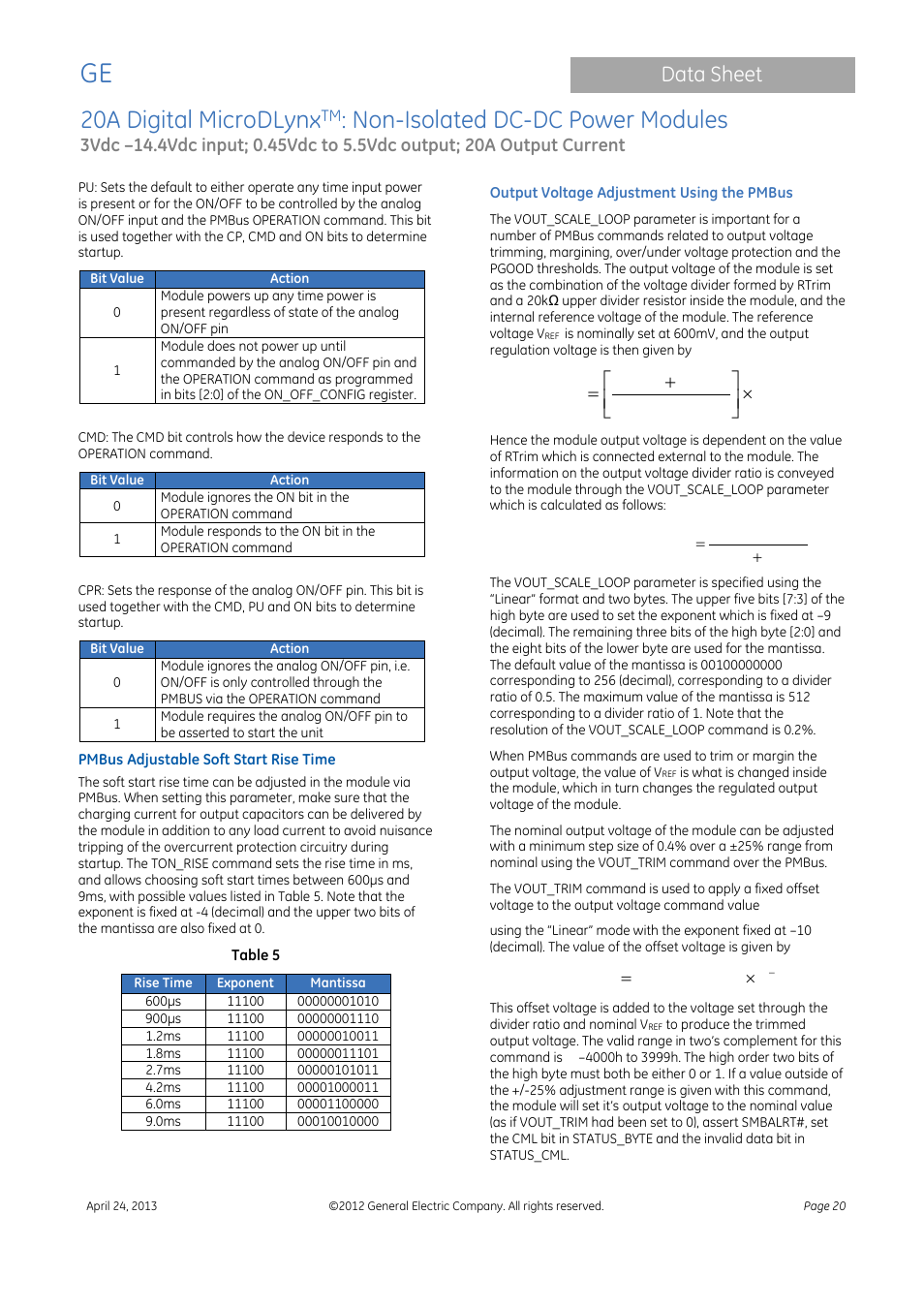 20a digital microdlynx, Non-isolated dc-dc power modules, Data sheet | Trim vout v | GE Industrial Solutions 20A Digital MicroDLynx User Manual | Page 20 / 40