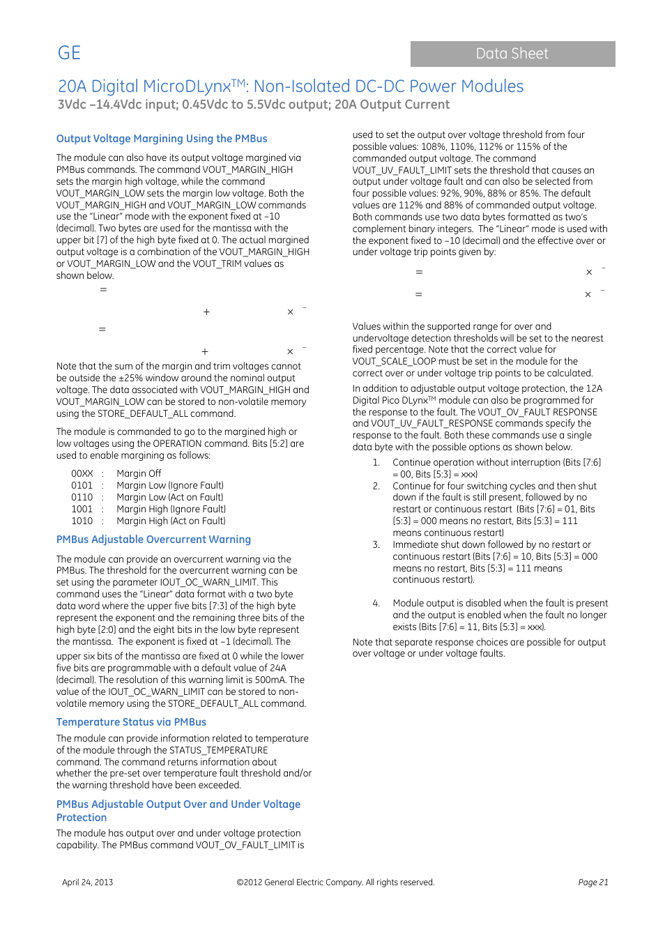 20a digital microdlynx, Non-isolated dc-dc power modules, Data sheet | GE Industrial Solutions 20A Digital MicroDLynx User Manual | Page 21 / 40