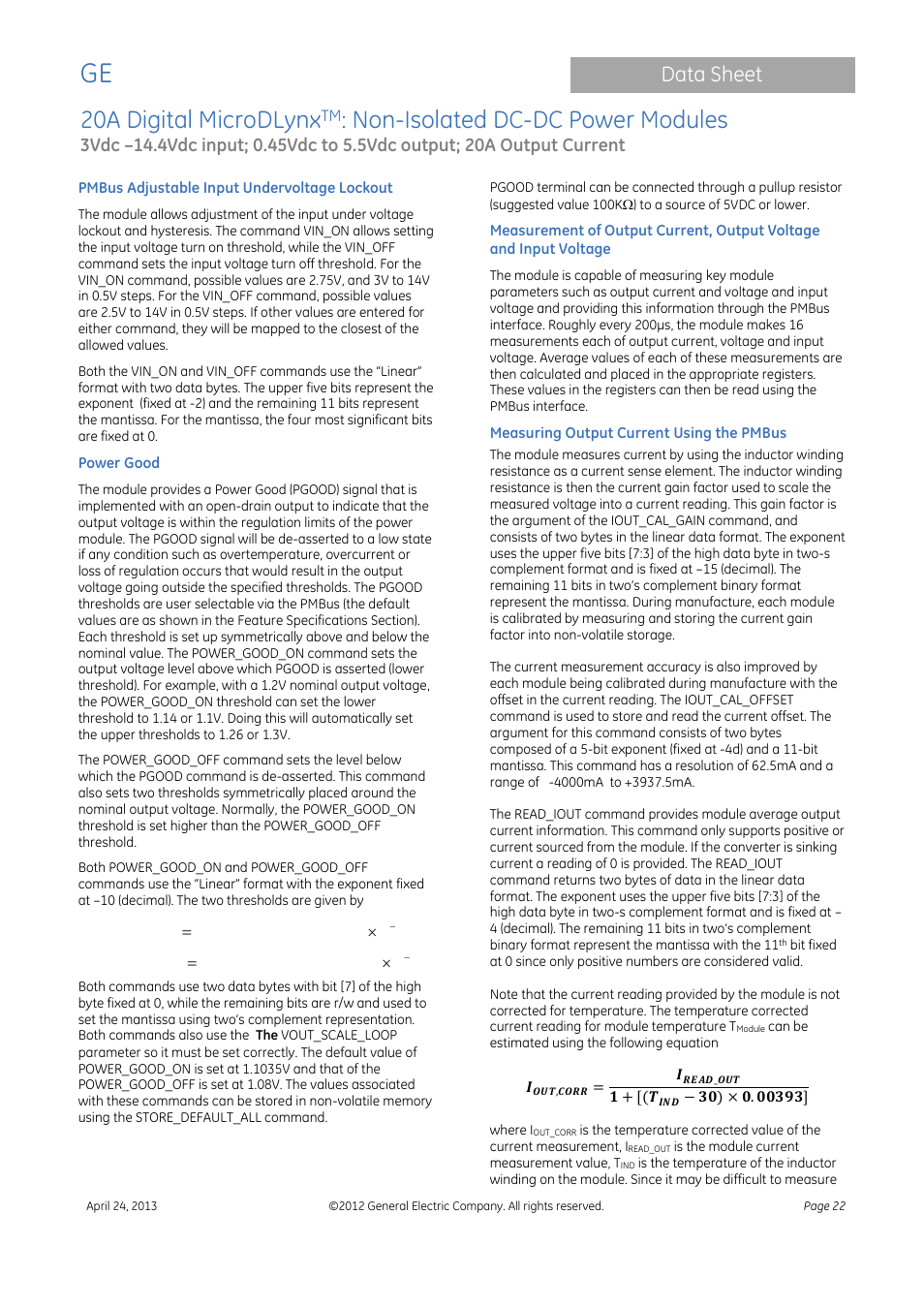20a digital microdlynx, Non-isolated dc-dc power modules, Data sheet | GE Industrial Solutions 20A Digital MicroDLynx User Manual | Page 22 / 40