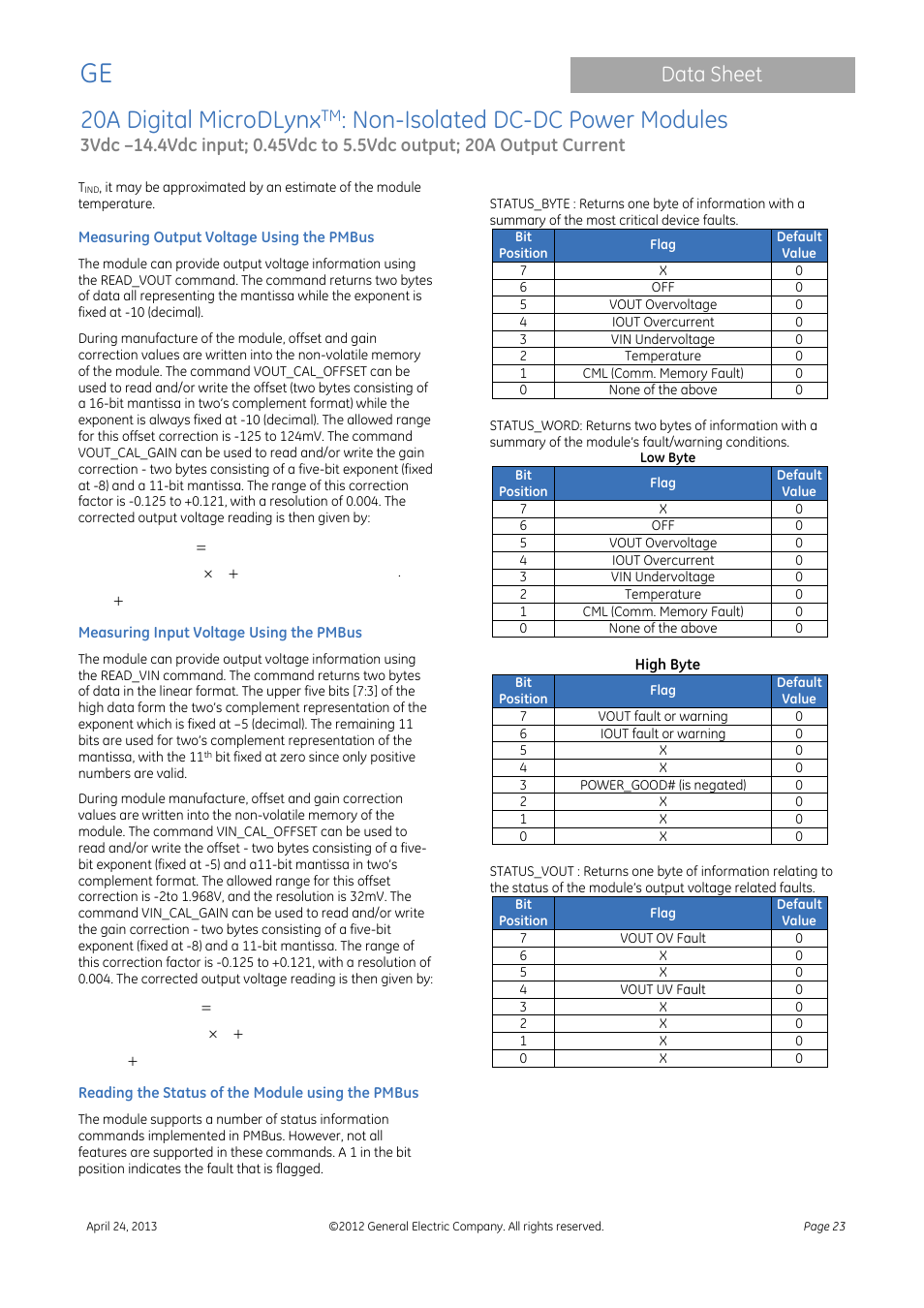 20a digital microdlynx, Non-isolated dc-dc power modules, Data sheet | GE Industrial Solutions 20A Digital MicroDLynx User Manual | Page 23 / 40
