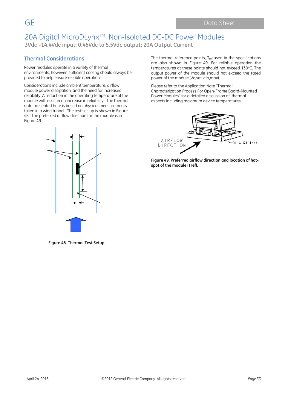20a digital microdlynx, Non-isolated dc-dc power modules, Data sheet | Thermal considerations | GE Industrial Solutions 20A Digital MicroDLynx User Manual | Page 33 / 40