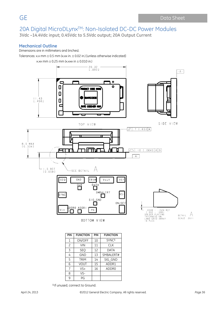 20a digital microdlynx, Non-isolated dc-dc power modules, Data sheet | Mechanical outline | GE Industrial Solutions 20A Digital MicroDLynx User Manual | Page 36 / 40
