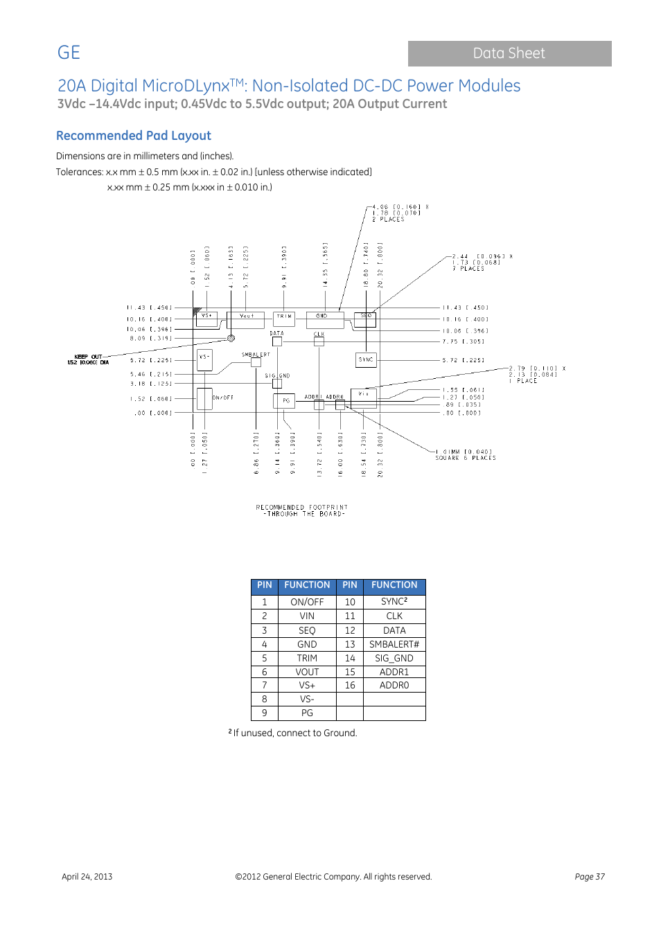 20a digital microdlynx, Non-isolated dc-dc power modules, Data sheet | Recommended pad layout | GE Industrial Solutions 20A Digital MicroDLynx User Manual | Page 37 / 40