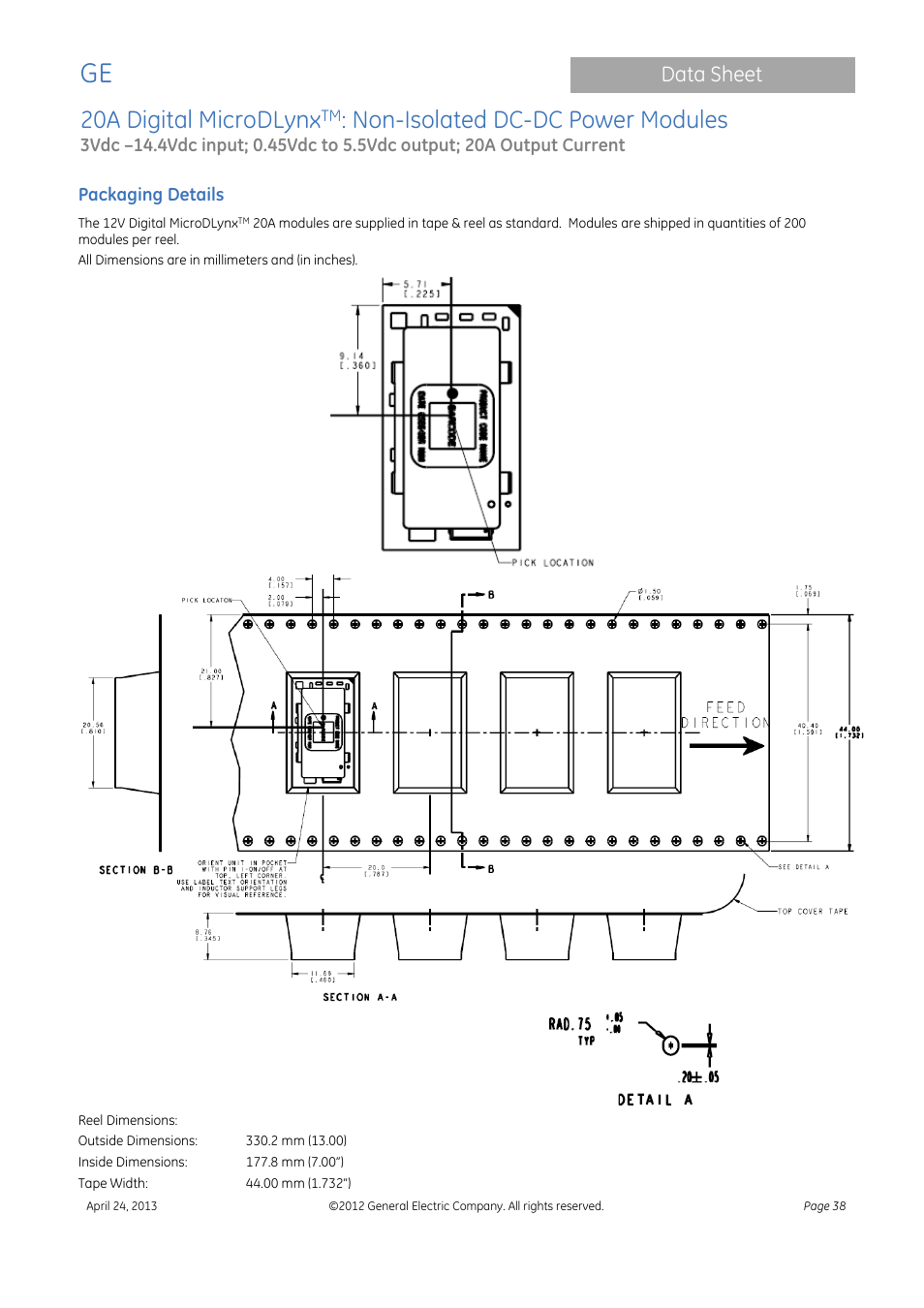 20a digital microdlynx, Non-isolated dc-dc power modules, Data sheet | GE Industrial Solutions 20A Digital MicroDLynx User Manual | Page 38 / 40