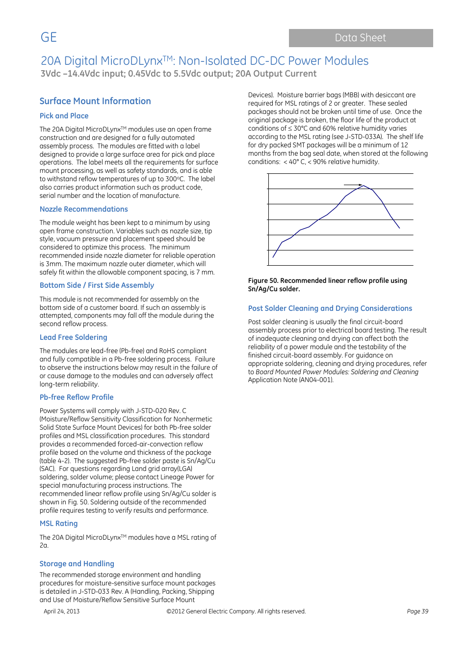 20a digital microdlynx, Non-isolated dc-dc power modules, Data sheet | Surface mount information | GE Industrial Solutions 20A Digital MicroDLynx User Manual | Page 39 / 40