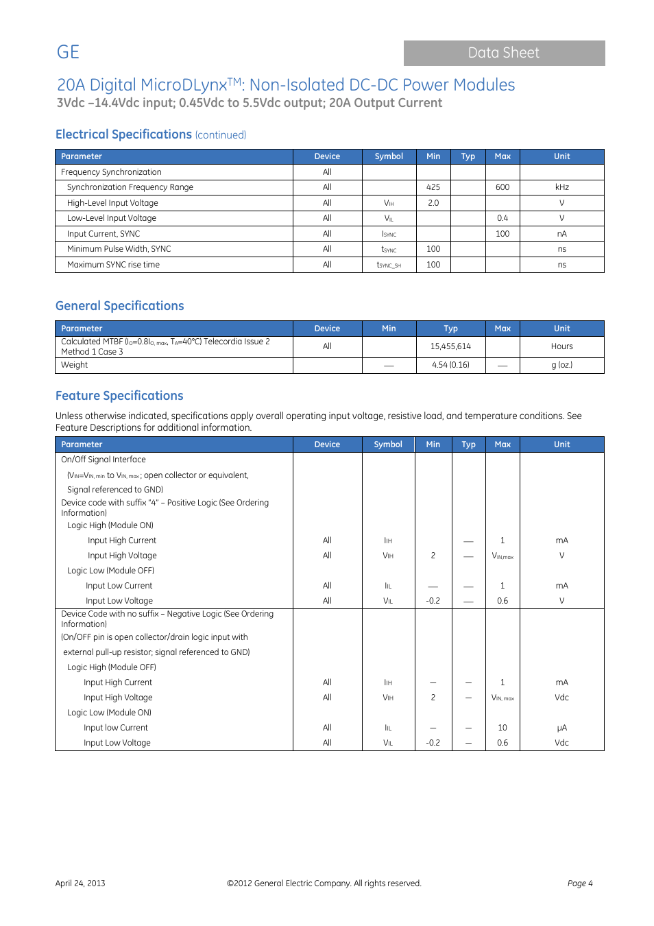 20a digital microdlynx, Non-isolated dc-dc power modules, Data sheet | Electrical specifications, General specifications, Feature specifications | GE Industrial Solutions 20A Digital MicroDLynx User Manual | Page 4 / 40