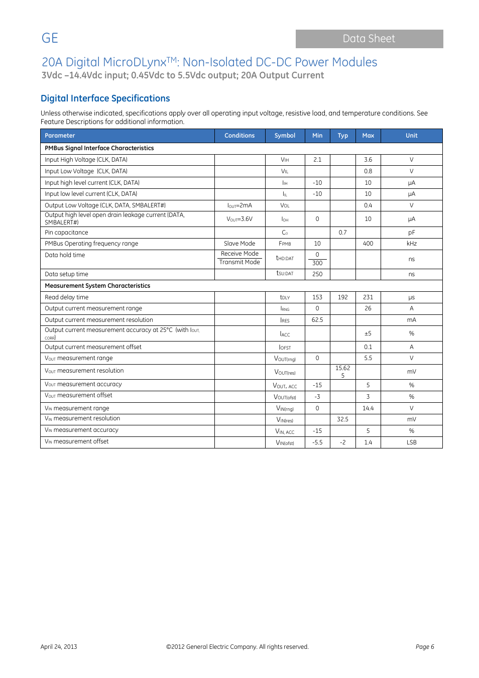 20a digital microdlynx, Non-isolated dc-dc power modules, Data sheet | Digital interface specifications | GE Industrial Solutions 20A Digital MicroDLynx User Manual | Page 6 / 40
