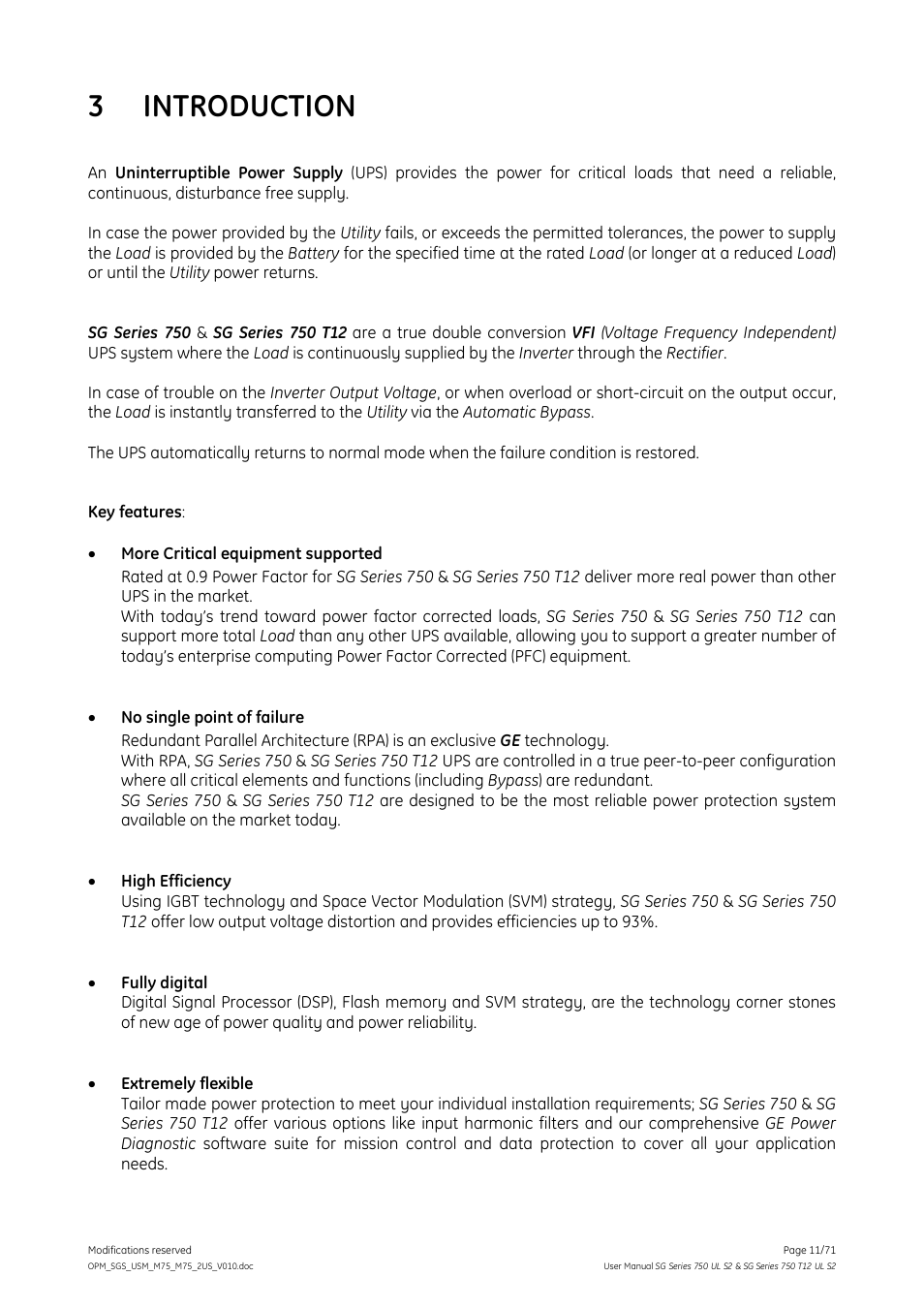 3 introduction, Introduction | GE Industrial Solutions SG Series 750 T12 UL S2 User Manual User Manual | Page 11 / 71