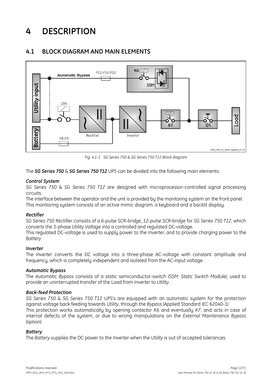 4 description, 1 block diagram and main elements, Description | Block diagram and main elements | GE Industrial Solutions SG Series 750 T12 UL S2 User Manual User Manual | Page 12 / 71