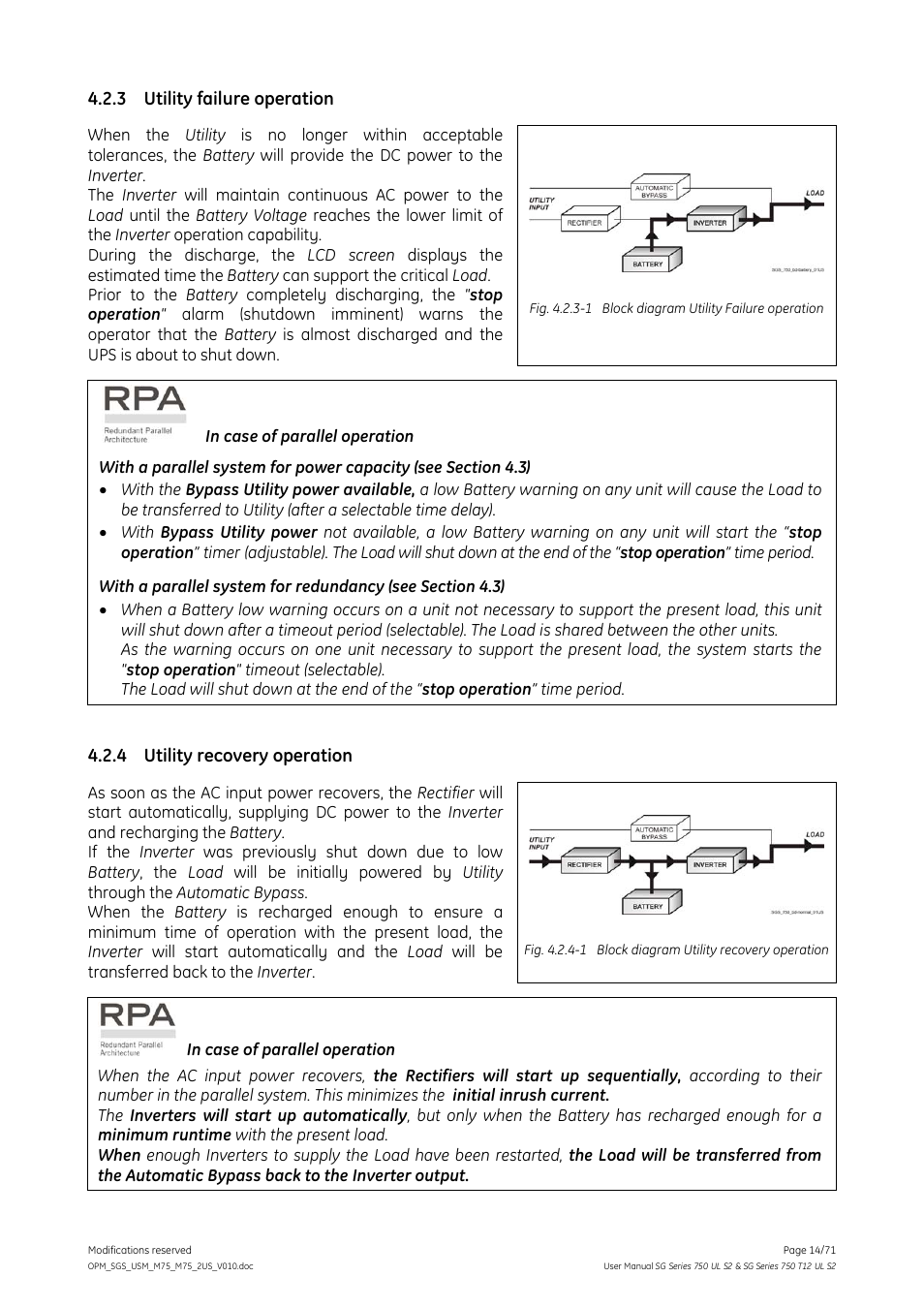 Utility failure operation, 4 utility recovery operation, Utility recovery operation | 3 utility failure operation | GE Industrial Solutions SG Series 750 T12 UL S2 User Manual User Manual | Page 14 / 71