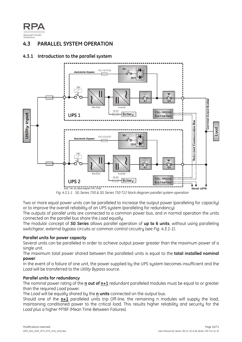 3 parallel system operation, 1 introduction to the parallel system, Parallel system operation | Introduction to the parallel system | GE Industrial Solutions SG Series 750 T12 UL S2 User Manual User Manual | Page 16 / 71