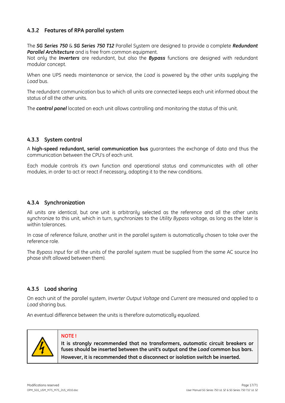 2 features of rpa parallel system, 3 system control, 4 synchronization | 5 load sharing, Features of rpa parallel system, System control, Synchronization, Load sharing | GE Industrial Solutions SG Series 750 T12 UL S2 User Manual User Manual | Page 17 / 71