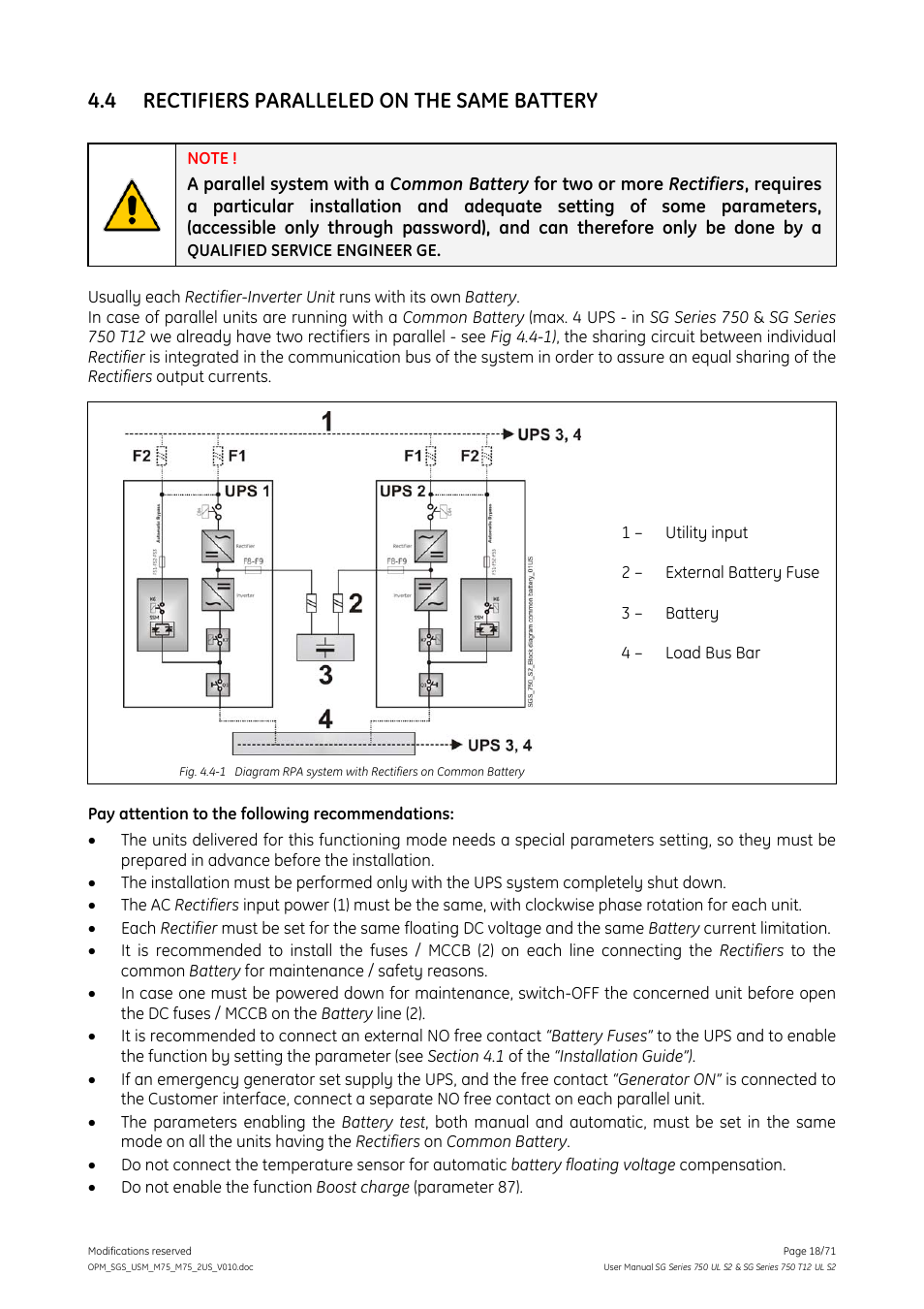 4 rectifiers paralleled on the same battery, Rectifiers paralleled on the same battery | GE Industrial Solutions SG Series 750 T12 UL S2 User Manual User Manual | Page 18 / 71