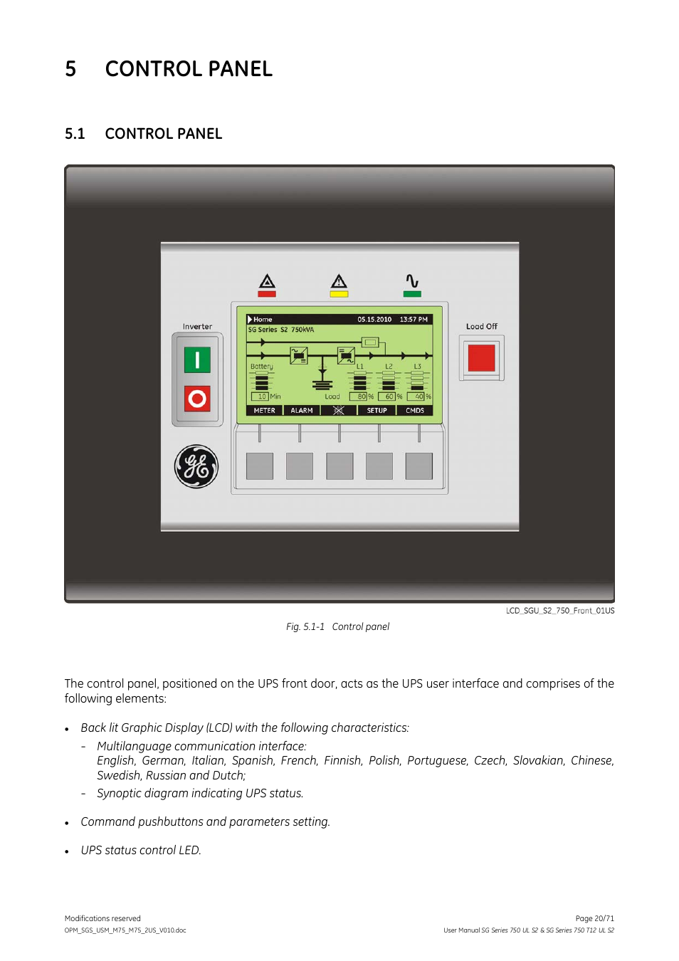 5 control panel, 1 control panel, Control panel | GE Industrial Solutions SG Series 750 T12 UL S2 User Manual User Manual | Page 20 / 71