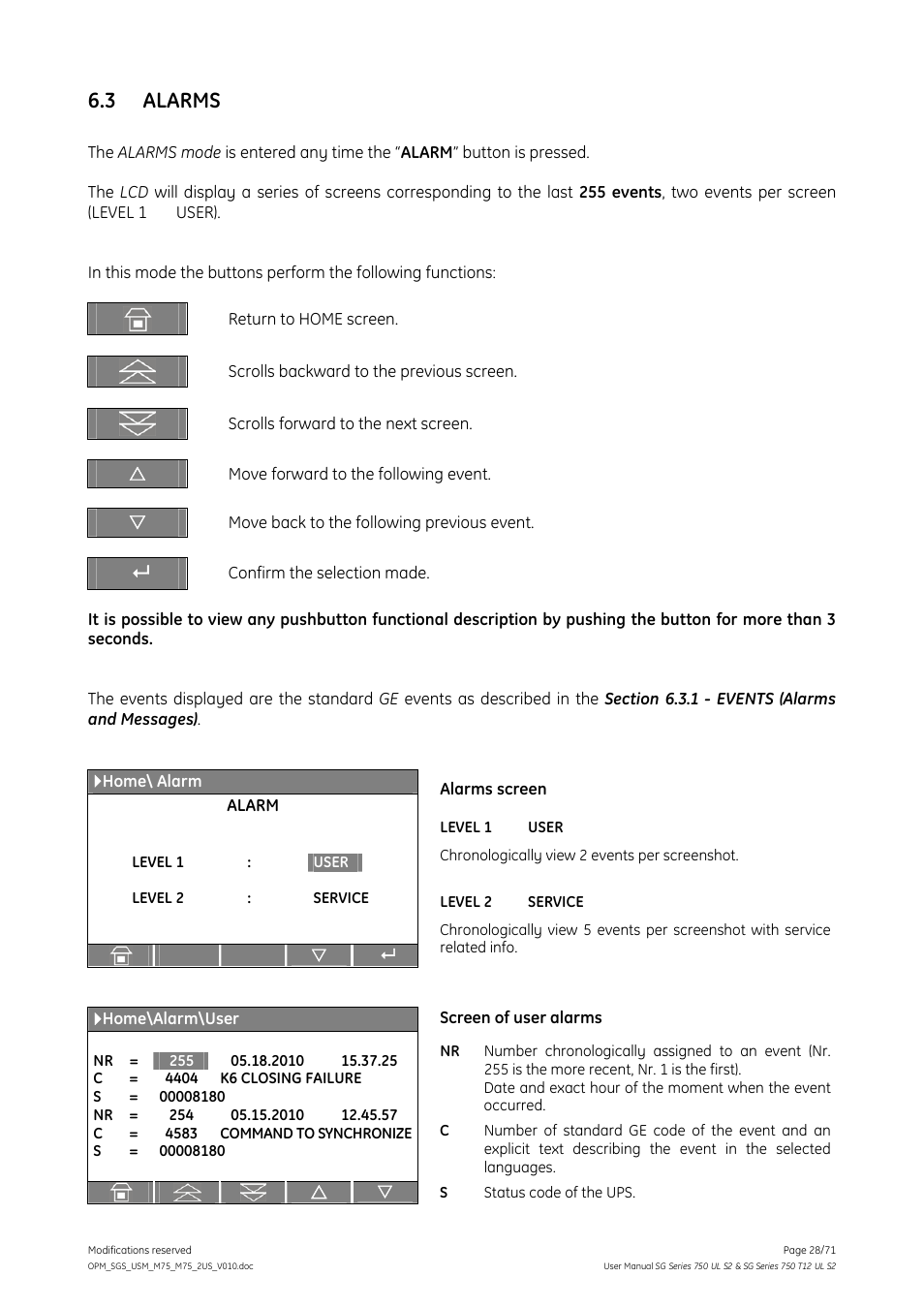 3 alarms, Alarms | GE Industrial Solutions SG Series 750 T12 UL S2 User Manual User Manual | Page 28 / 71