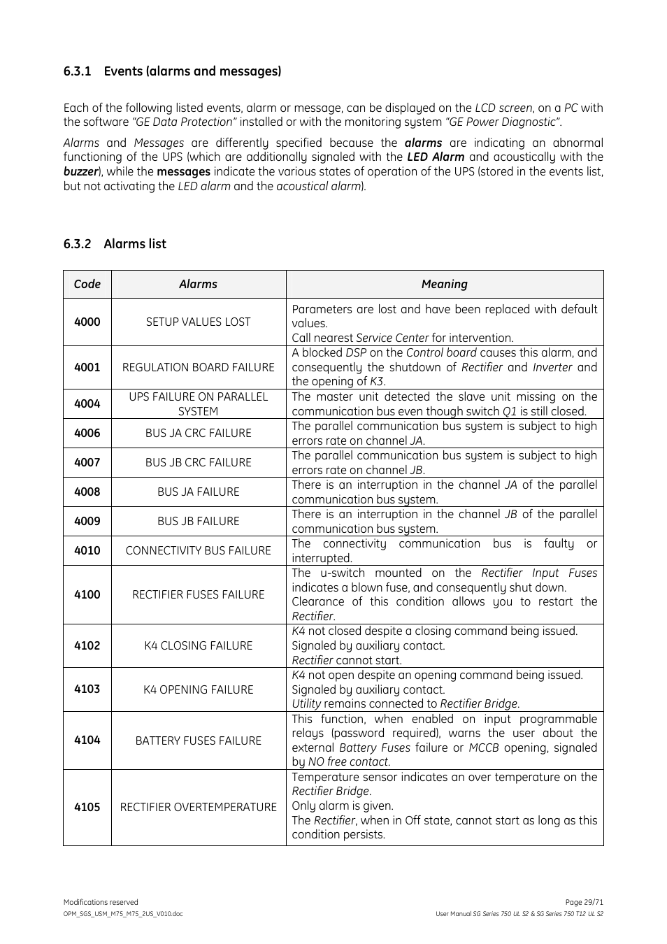 1 events (alarms and messages), 2 alarms list, Events (alarms and messages) | Alarms list | GE Industrial Solutions SG Series 750 T12 UL S2 User Manual User Manual | Page 29 / 71