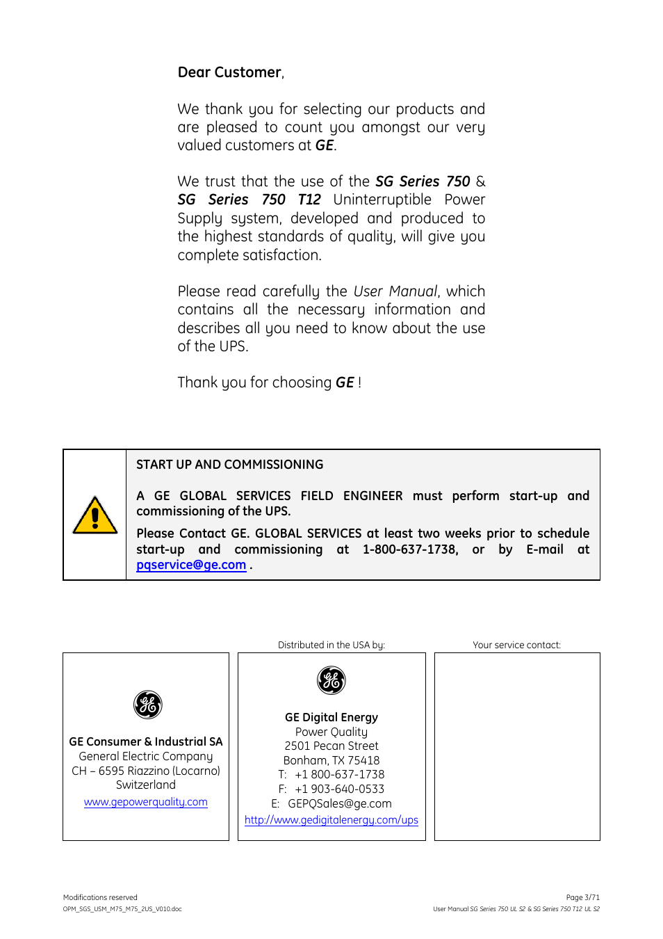 GE Industrial Solutions SG Series 750 T12 UL S2 User Manual User Manual | Page 3 / 71