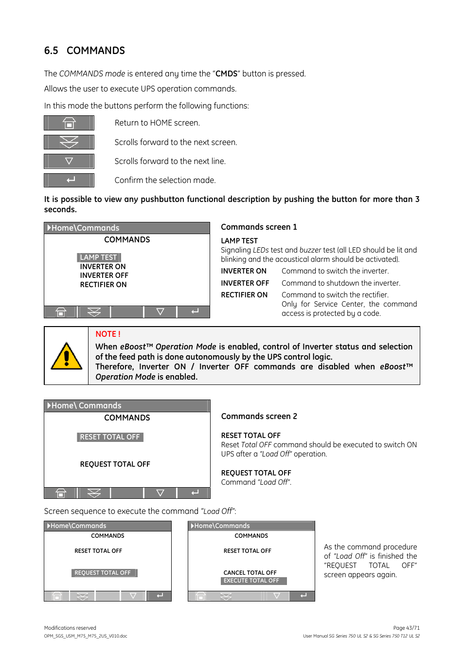5 commands, Commands | GE Industrial Solutions SG Series 750 T12 UL S2 User Manual User Manual | Page 43 / 71