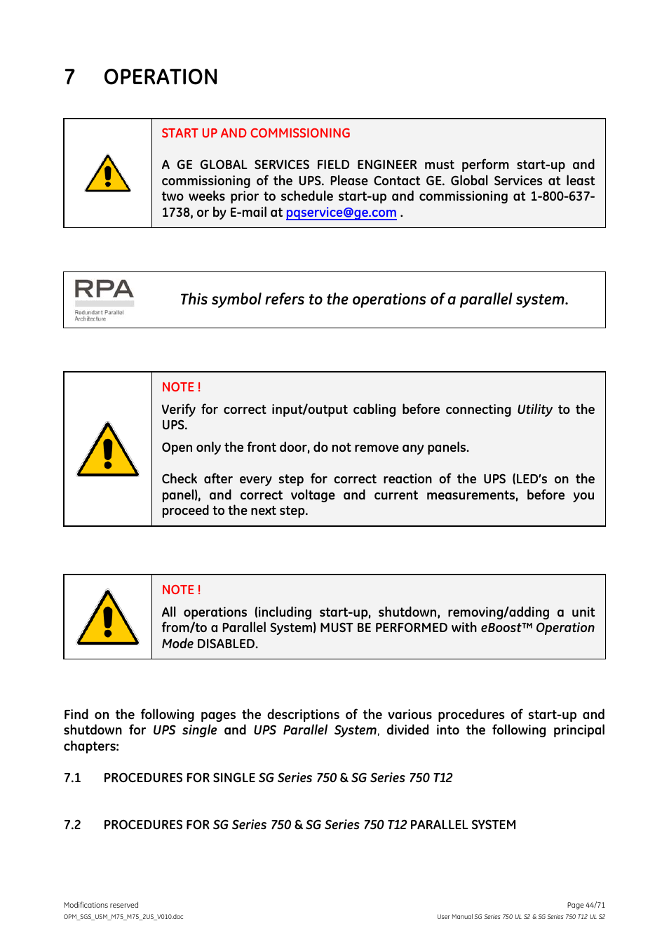 7 operation, Operation | GE Industrial Solutions SG Series 750 T12 UL S2 User Manual User Manual | Page 44 / 71