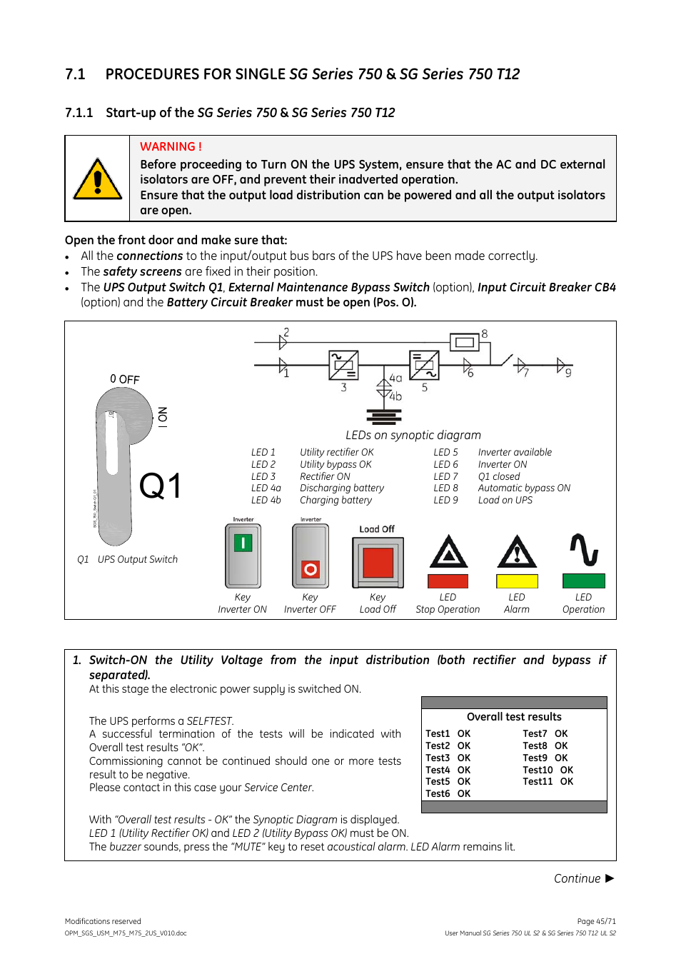 Start-up of the sg series 750 & sg series 750 t12 | GE Industrial Solutions SG Series 750 T12 UL S2 User Manual User Manual | Page 45 / 71
