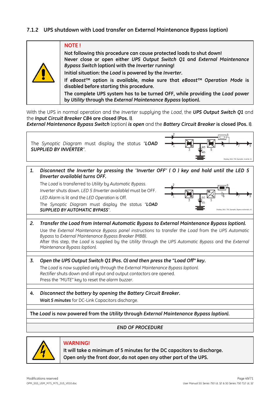 Warning | GE Industrial Solutions SG Series 750 T12 UL S2 User Manual User Manual | Page 49 / 71