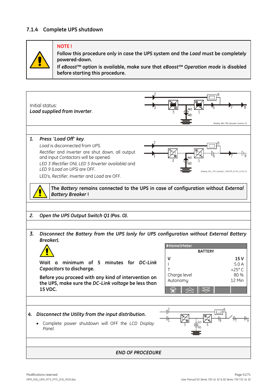4 complete ups shutdown, Complete ups shutdown | GE Industrial Solutions SG Series 750 T12 UL S2 User Manual User Manual | Page 51 / 71