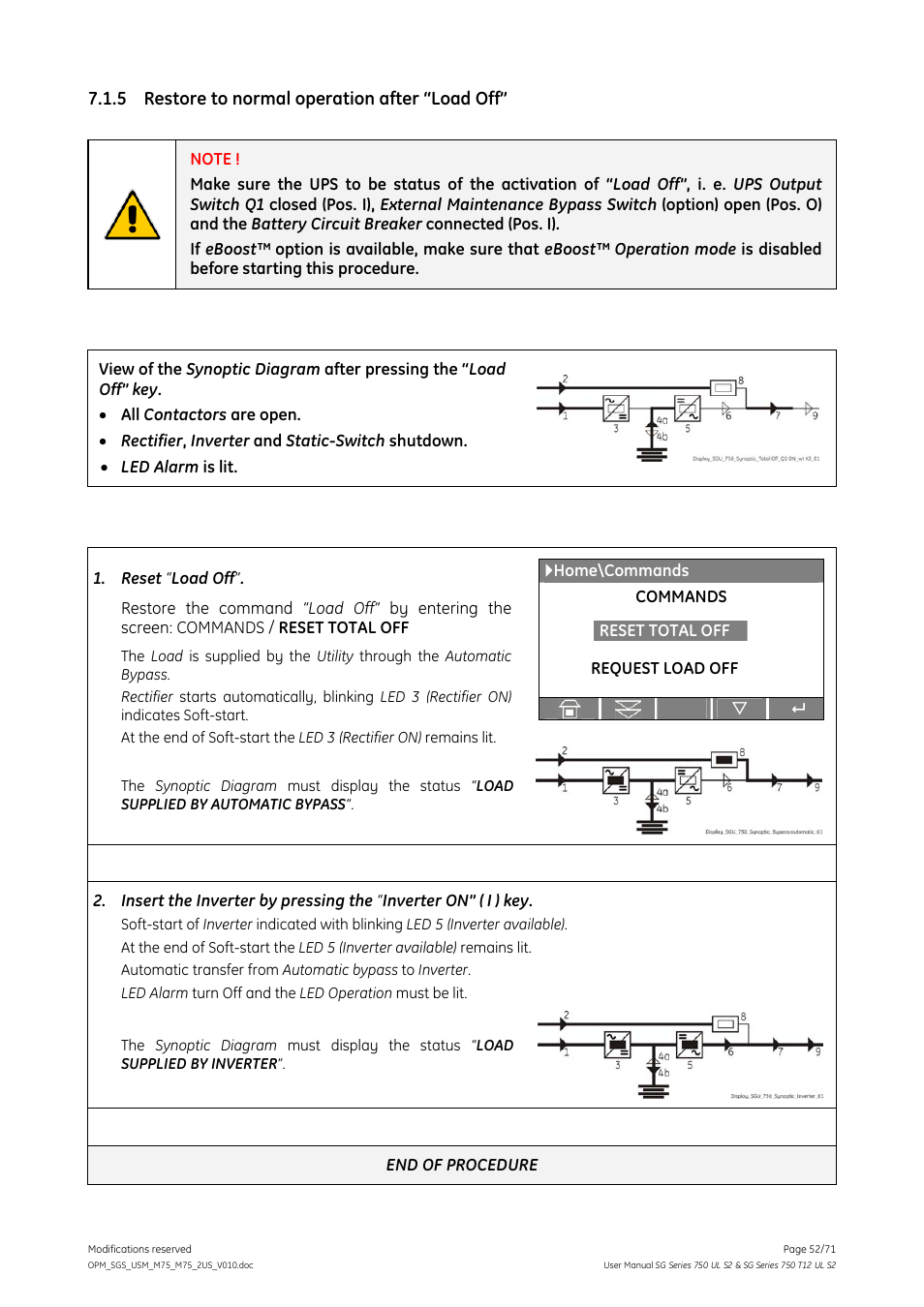 5 restore to normal operation after “load off, Restore to normal operation after “load off | GE Industrial Solutions SG Series 750 T12 UL S2 User Manual User Manual | Page 52 / 71