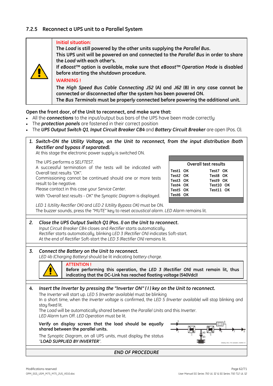 5 reconnect a ups unit to a parallel system, Reconnect a ups unit to a parallel system | GE Industrial Solutions SG Series 750 T12 UL S2 User Manual User Manual | Page 62 / 71