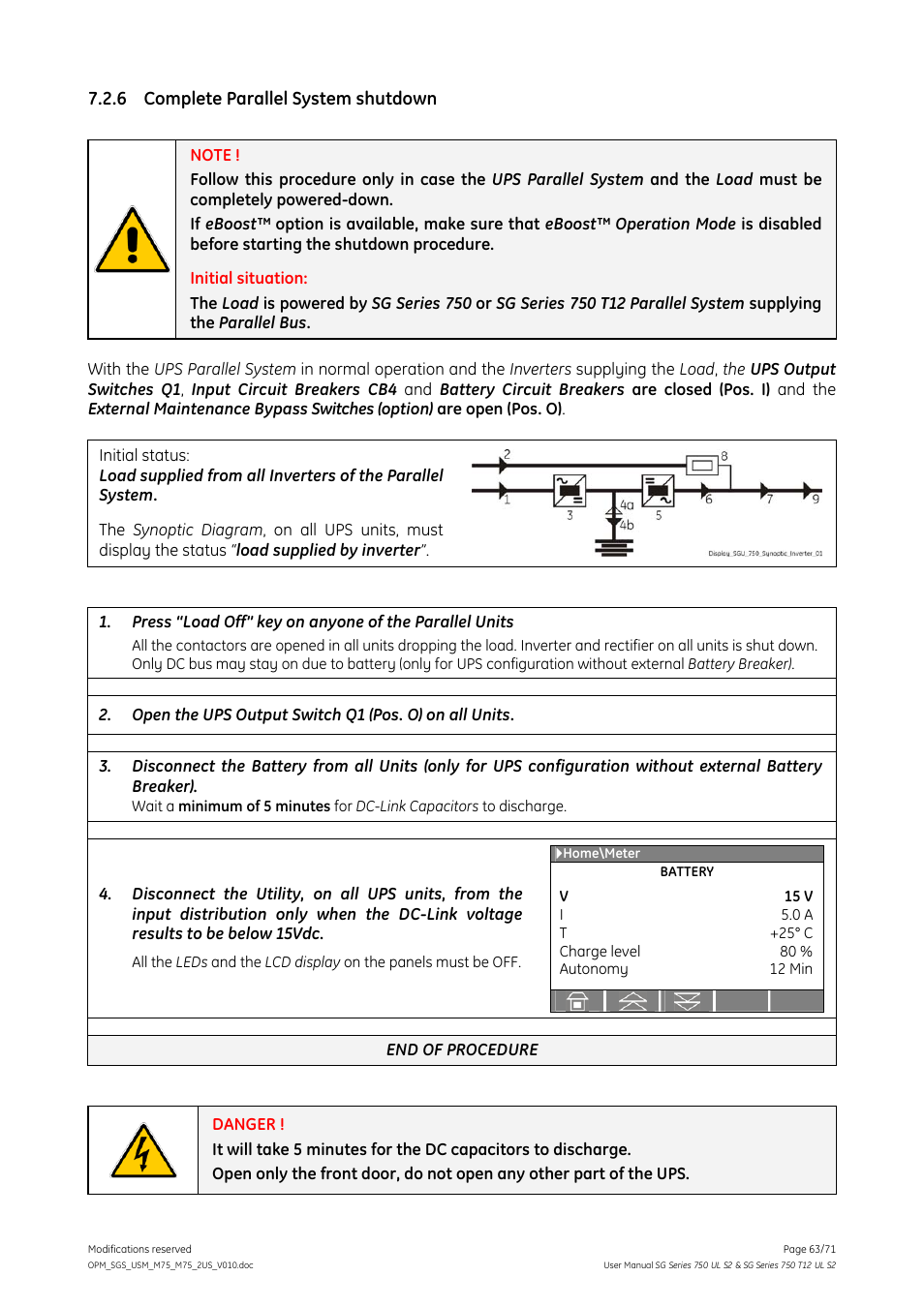 6 complete parallel system shutdown, Complete parallel system shutdown | GE Industrial Solutions SG Series 750 T12 UL S2 User Manual User Manual | Page 63 / 71