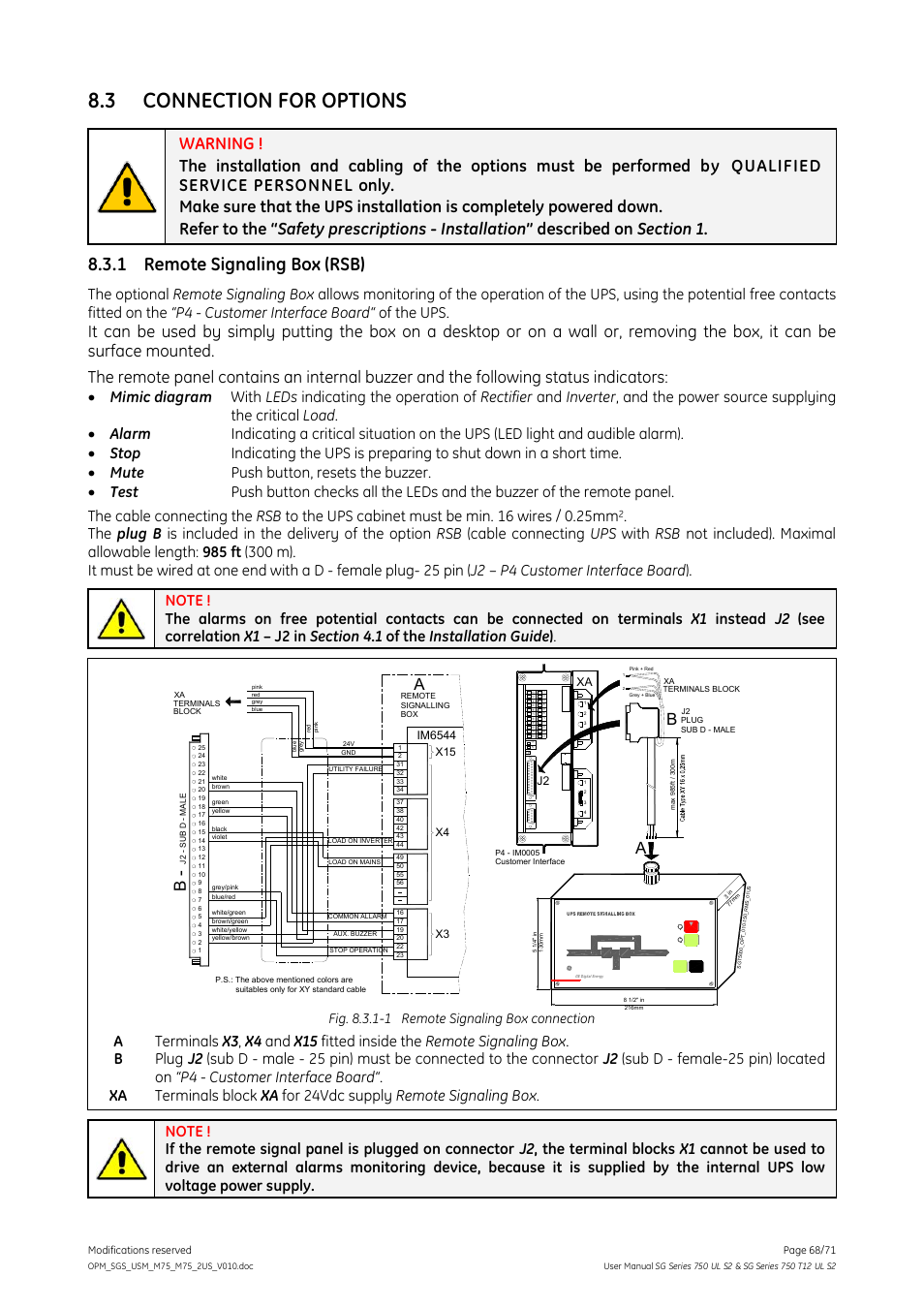 3 connection for options, 1 remote signaling box (rsb), Connection for options | Remote signaling box (rsb), Fig. 8.3.1-1 remote signaling box connection, Im6544, J2 xa | GE Industrial Solutions SG Series 750 T12 UL S2 User Manual User Manual | Page 68 / 71