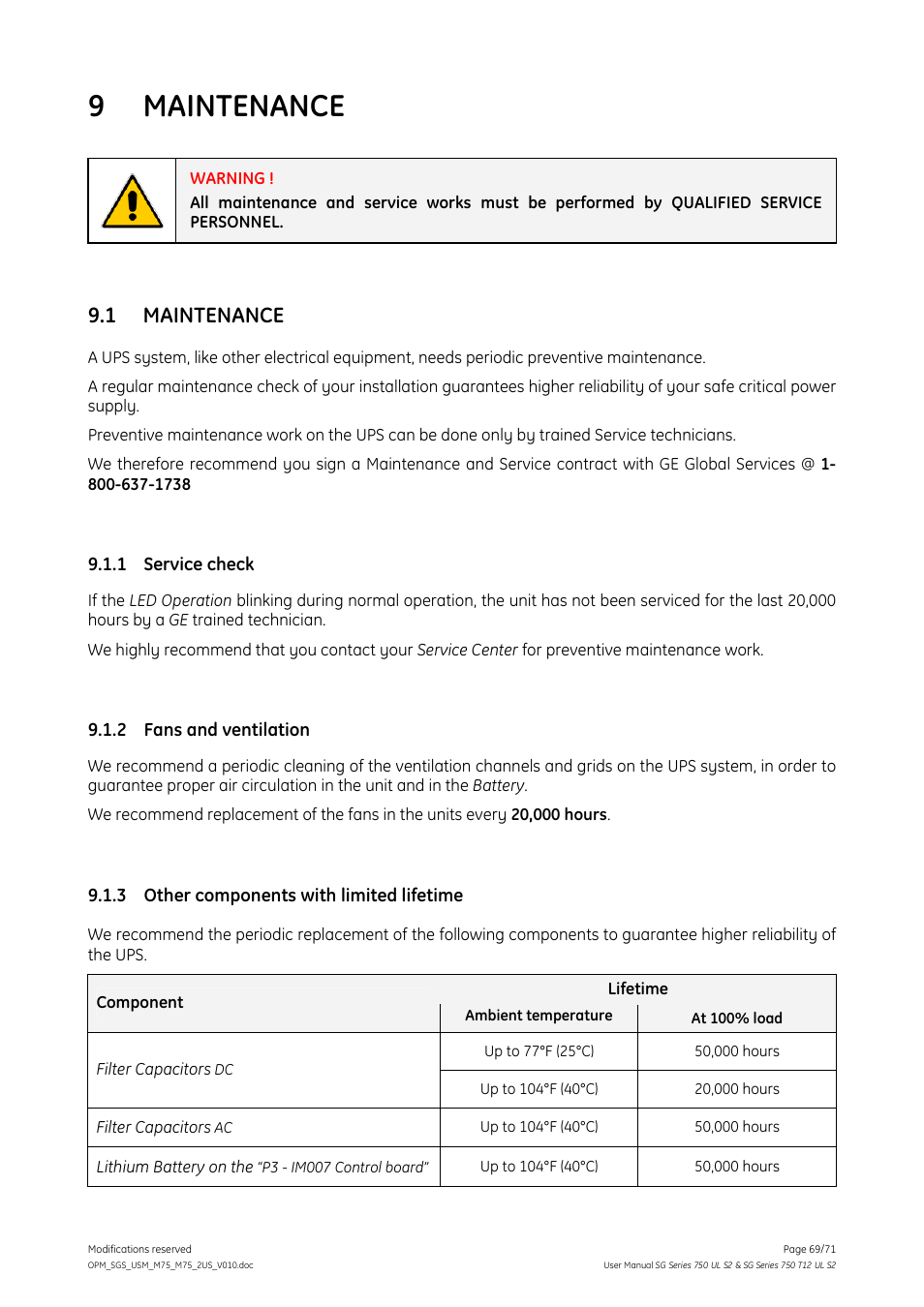 9 maintenance, 1 maintenance, 1 service check | 2 fans and ventilation, 3 other components with limited lifetime, Maintenance, Service check, Fans and ventilation, Other components with limited lifetime | GE Industrial Solutions SG Series 750 T12 UL S2 User Manual User Manual | Page 69 / 71