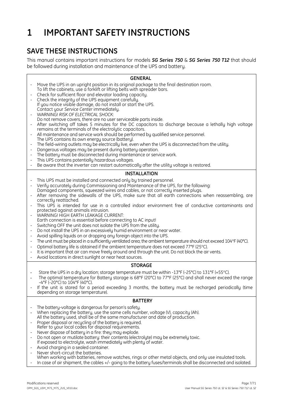 1 important safety instructions, Important safety instructions, Save these instructions | GE Industrial Solutions SG Series 750 T12 UL S2 User Manual User Manual | Page 7 / 71