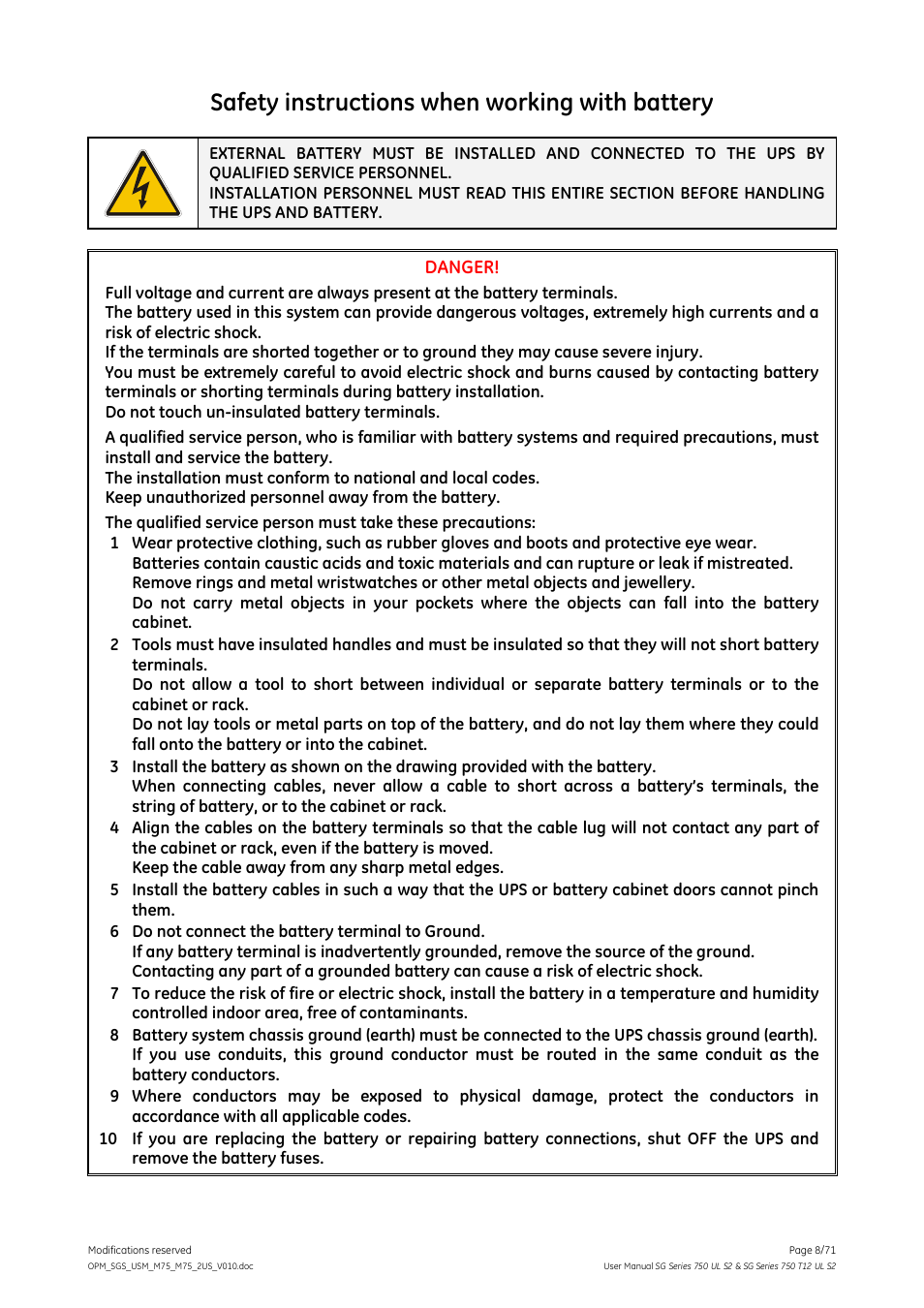 Safety instructions when working with battery, Danger | GE Industrial Solutions SG Series 750 T12 UL S2 User Manual User Manual | Page 8 / 71