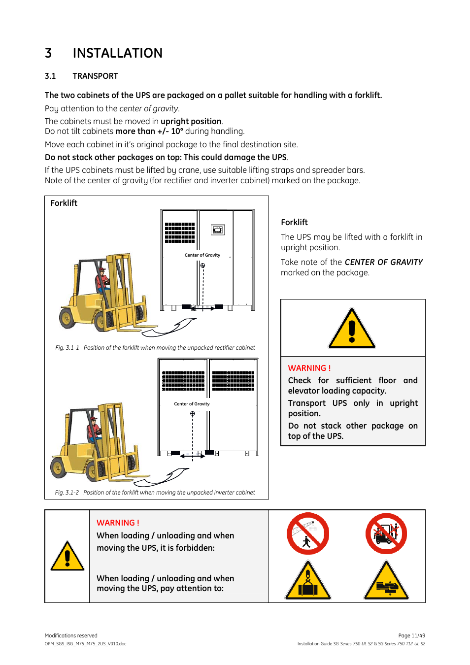 3 installation, 1 transport, Installation | Transport, 3installation | GE Industrial Solutions SG Series 750 T12 UL S2 Installation Guide User Manual | Page 11 / 49