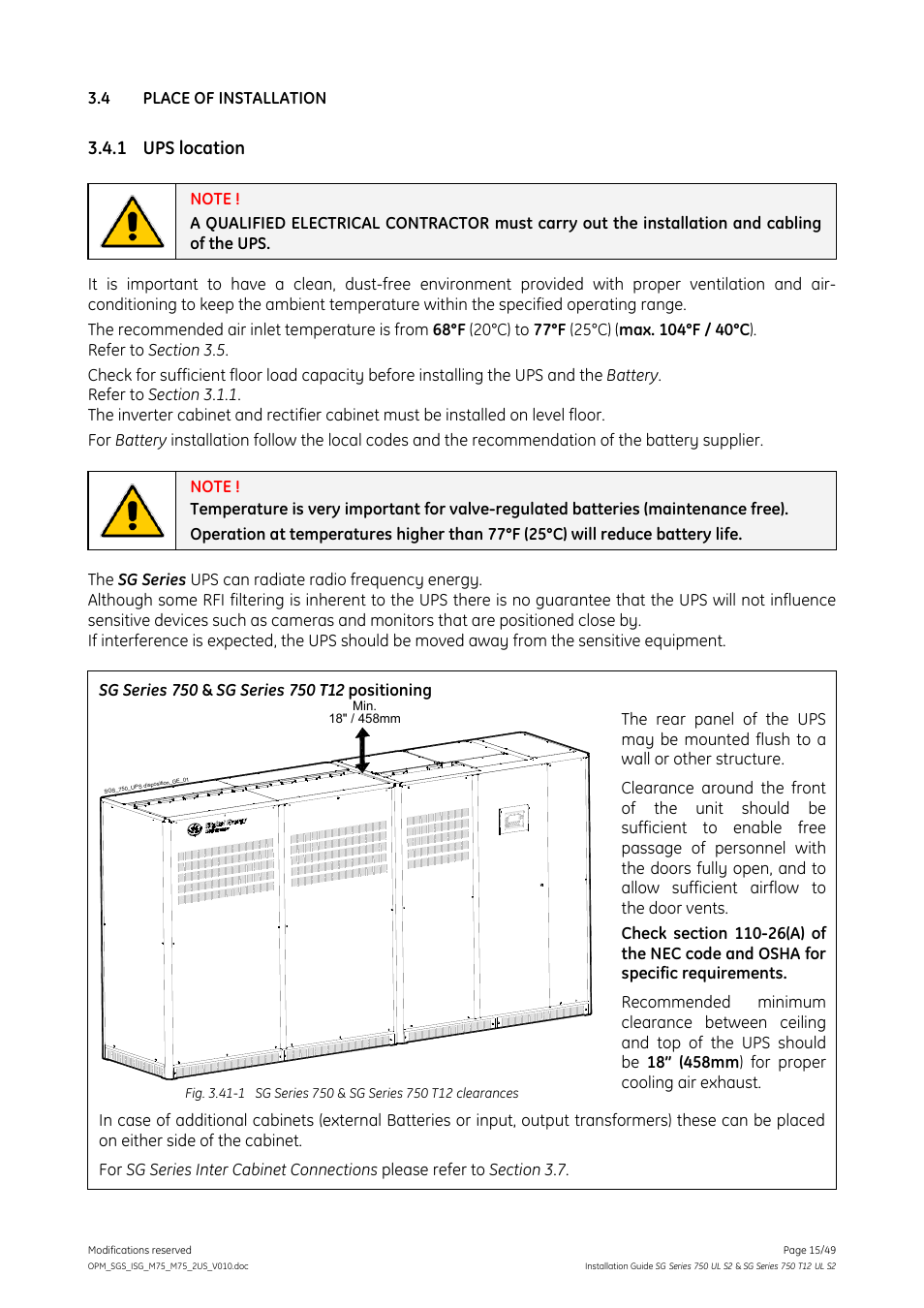 4 place of installation, 1 ups location, Place of installation | Ups location | GE Industrial Solutions SG Series 750 T12 UL S2 Installation Guide User Manual | Page 15 / 49
