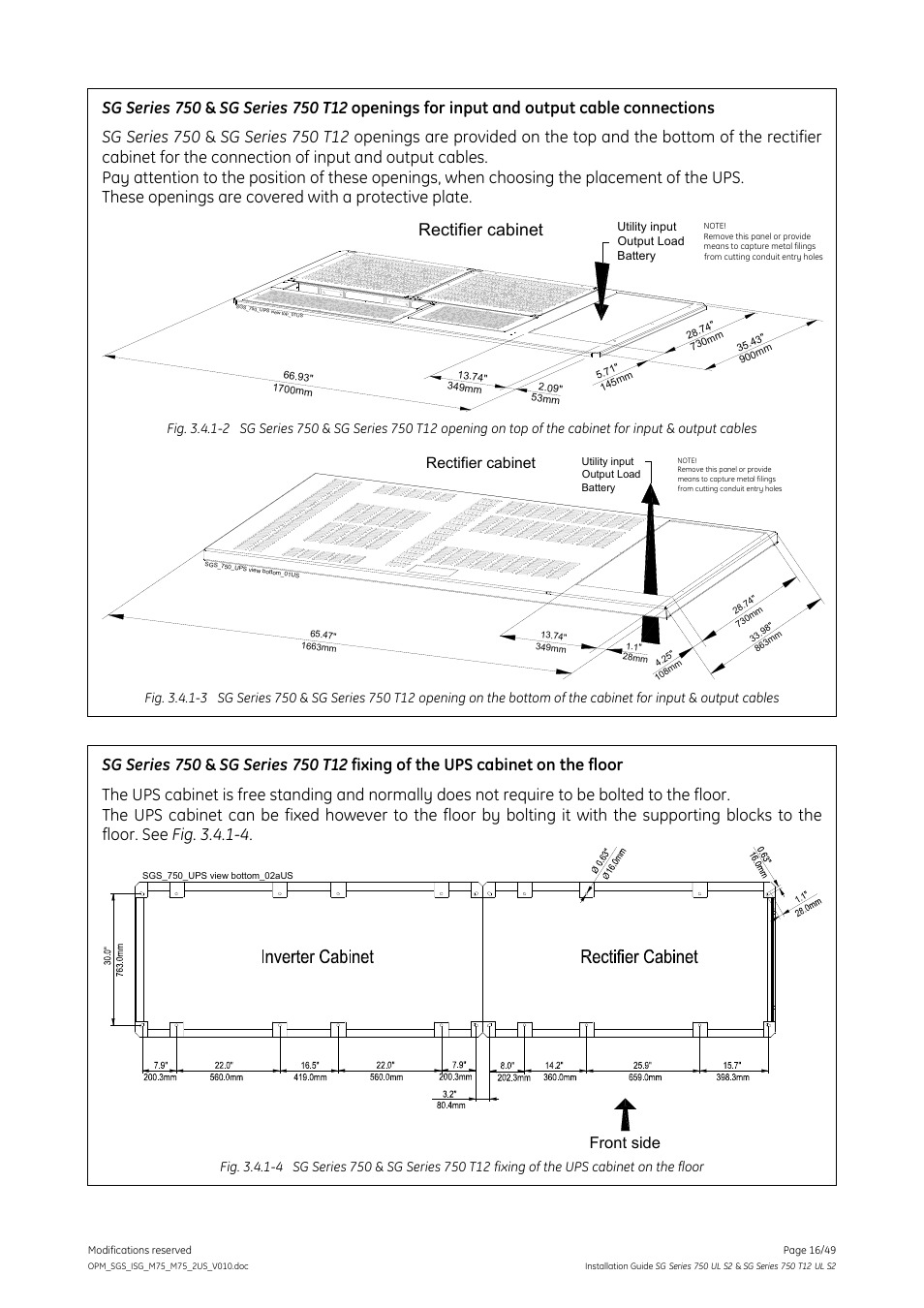 Rectifier cabinet, Front side | GE Industrial Solutions SG Series 750 T12 UL S2 Installation Guide User Manual | Page 16 / 49