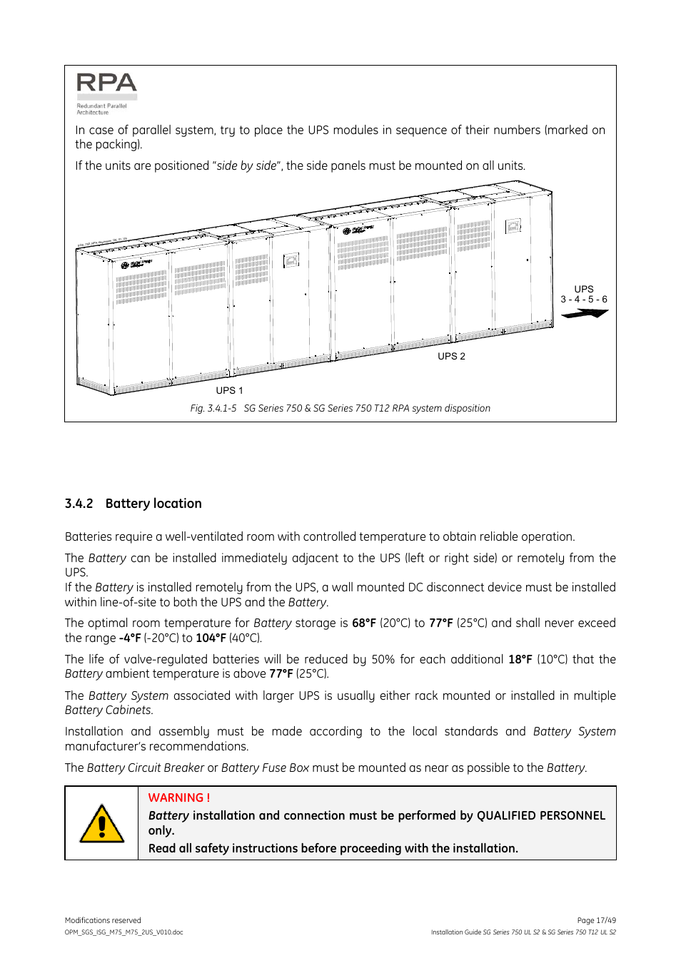 2 battery location, Battery location | GE Industrial Solutions SG Series 750 T12 UL S2 Installation Guide User Manual | Page 17 / 49