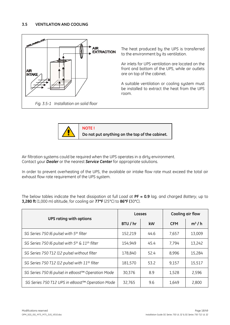 5 ventilation and cooling, Ventilation and cooling | GE Industrial Solutions SG Series 750 T12 UL S2 Installation Guide User Manual | Page 18 / 49