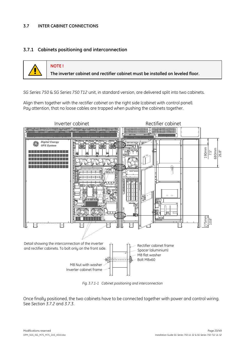 7 inter cabinet connections, 1 cabinets positioning and interconnection, Inter cabinet connections | Cabinets positioning and interconnection, Inverter cabinet rectifier cabinet | GE Industrial Solutions SG Series 750 T12 UL S2 Installation Guide User Manual | Page 20 / 49
