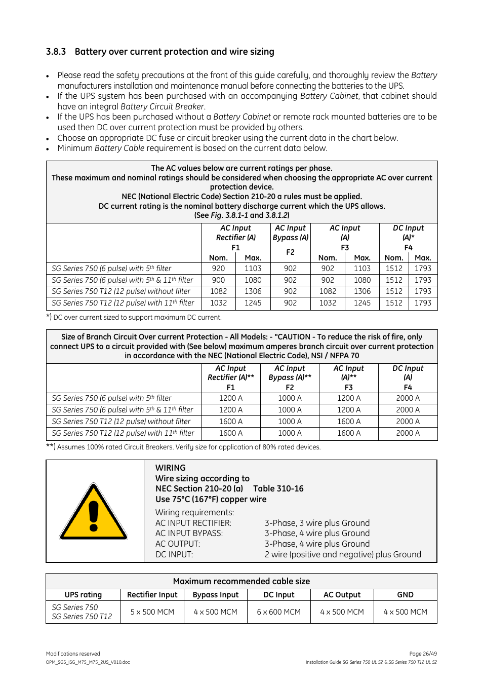 3 battery over current protection and wire sizing, Battery over current protection and wire sizing | GE Industrial Solutions SG Series 750 T12 UL S2 Installation Guide User Manual | Page 26 / 49