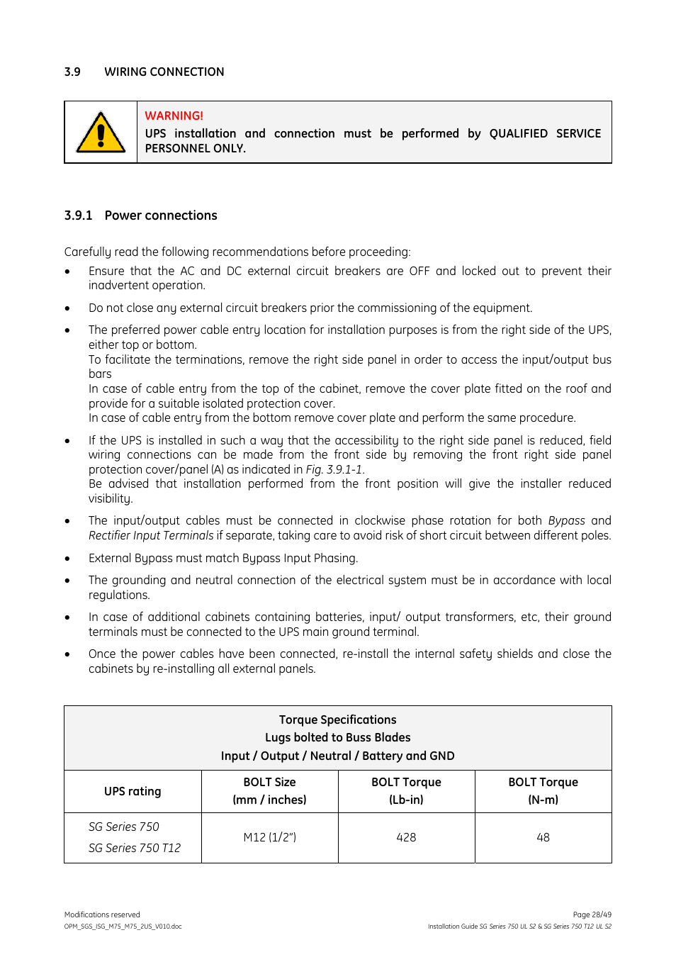 9 wiring connection, 1 power connections, Wiring connection | Power connections | GE Industrial Solutions SG Series 750 T12 UL S2 Installation Guide User Manual | Page 28 / 49